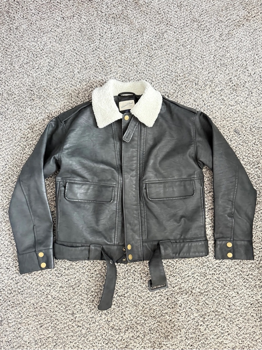 Women’s Black Leather Bomber Jacket with Cream Sherpa Collar
